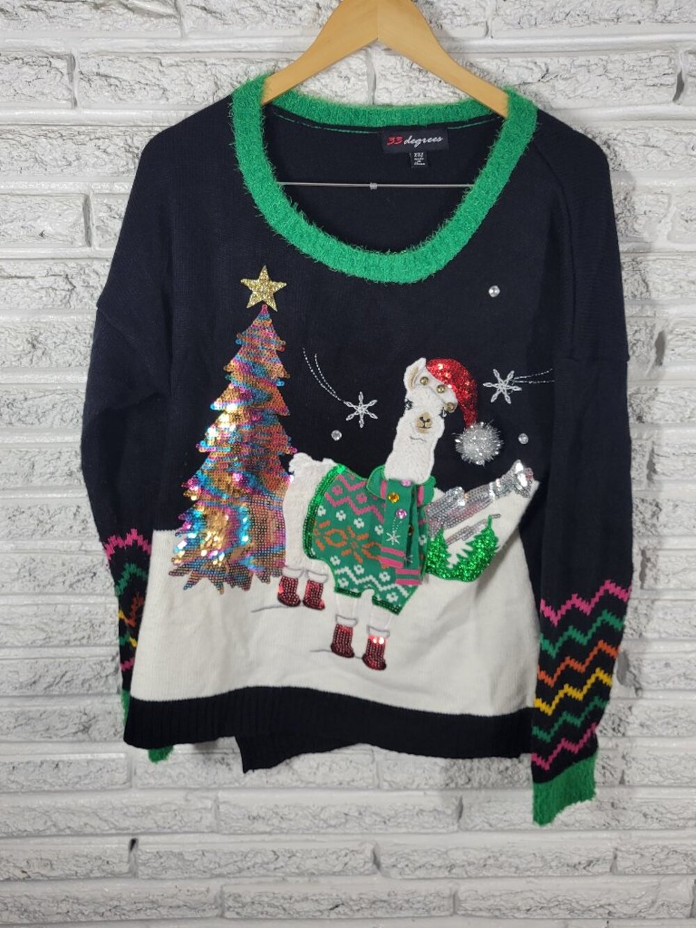 33 Degrees Women XXL Ugly Christmas Llama Sweater Black Pullover Sequin SWE12E